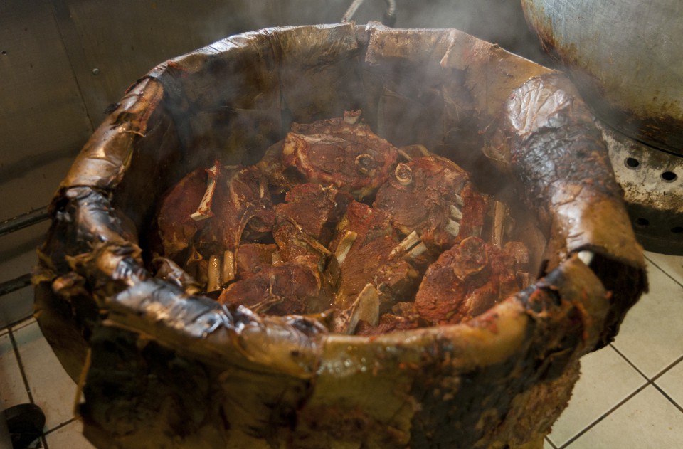 Barbacoa cooked inside agave leaves.